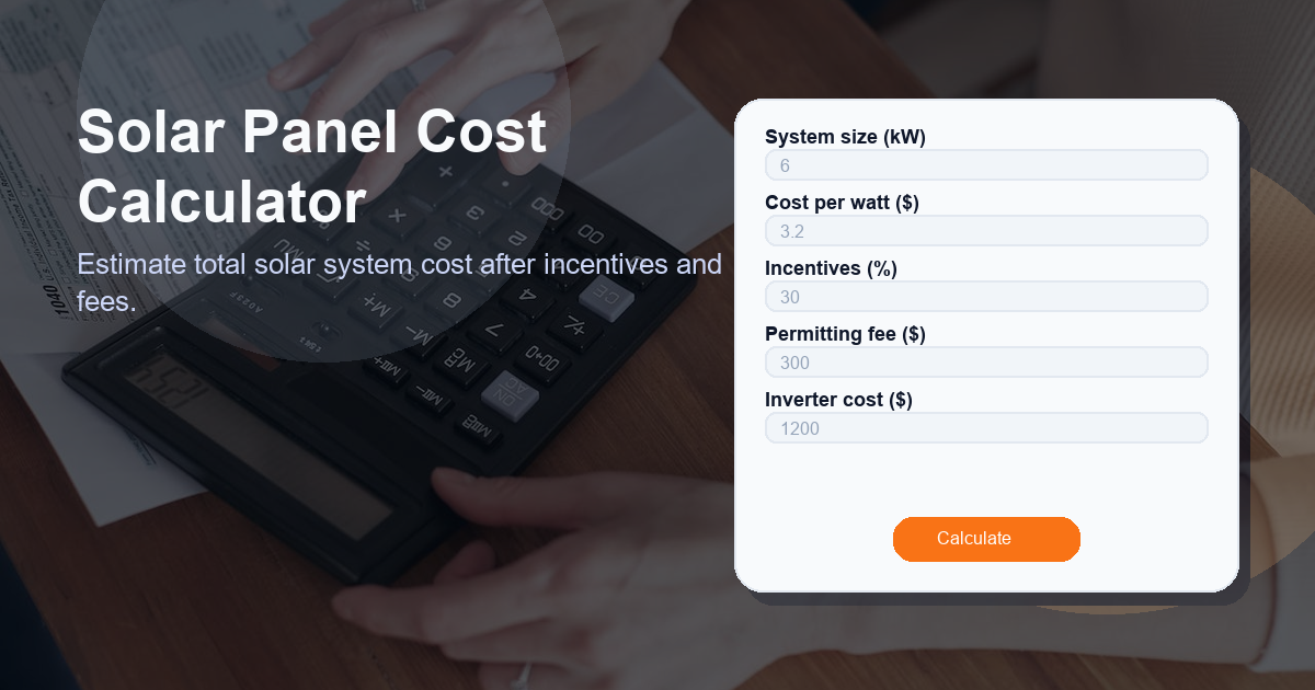 Estimate total solar system cost after incentives and fees.