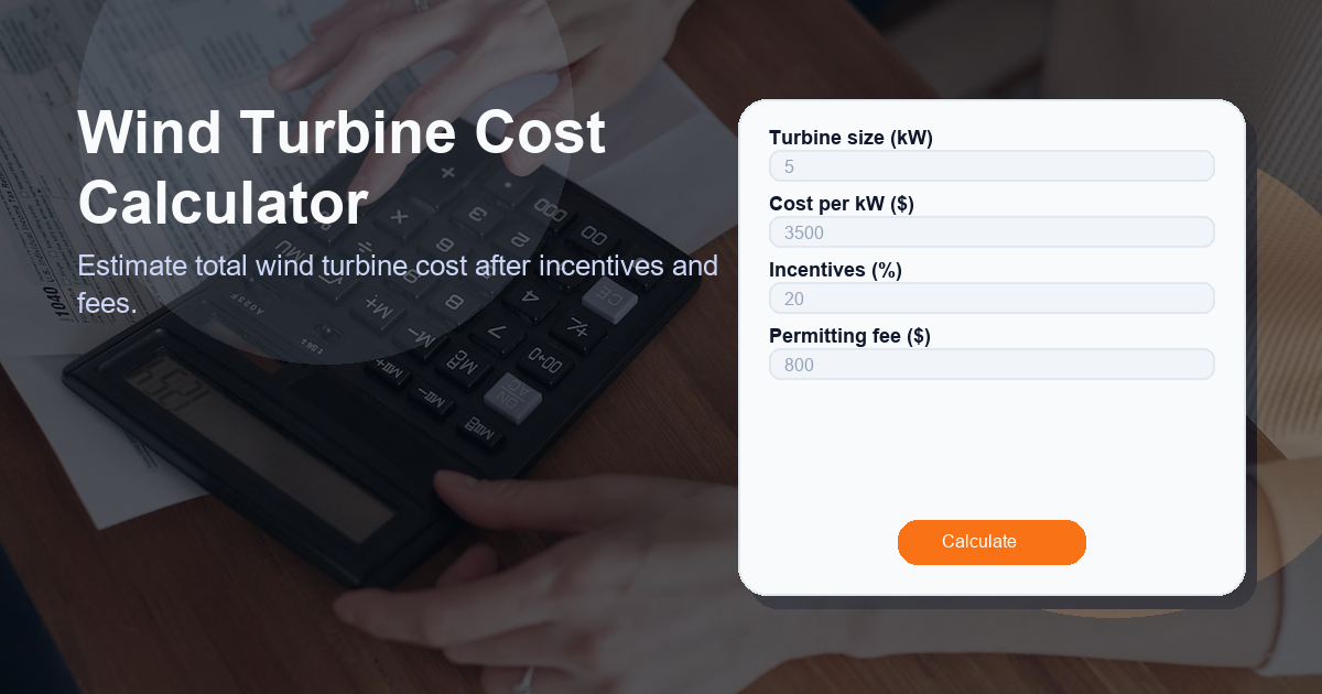 Estimate total wind turbine cost after incentives and fees.